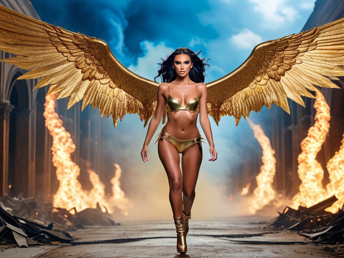 Golden-winged figure in a dramatic fiery setting