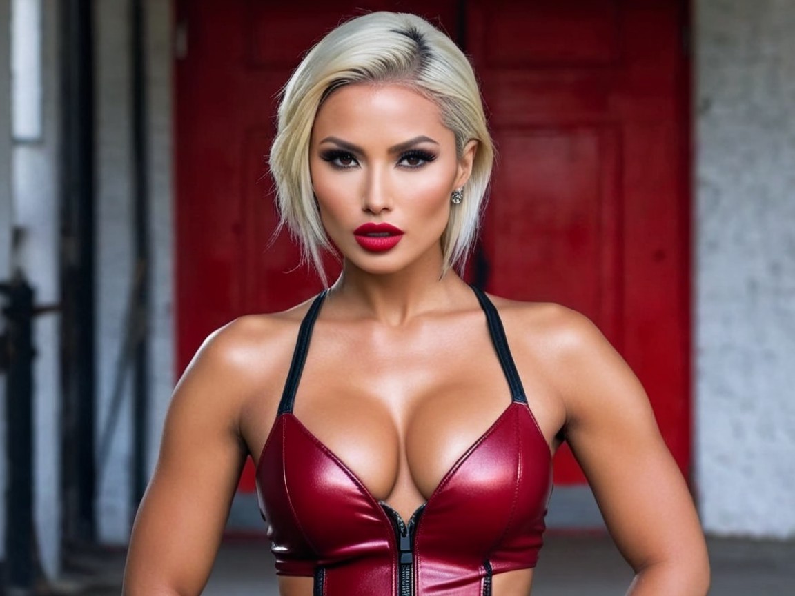 Confident Individual in Red Leather Top and Bold Makeup