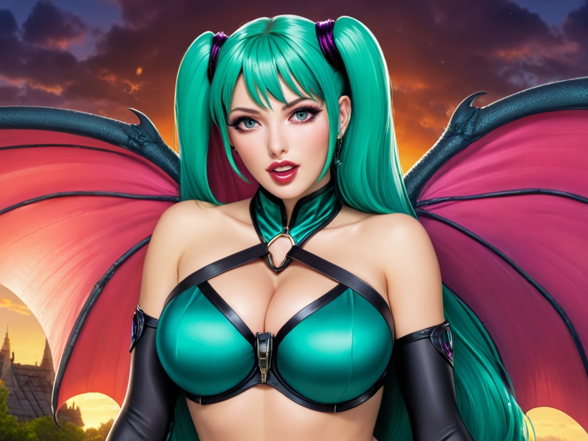 Winged character with turquoise hair and sunset backdrop