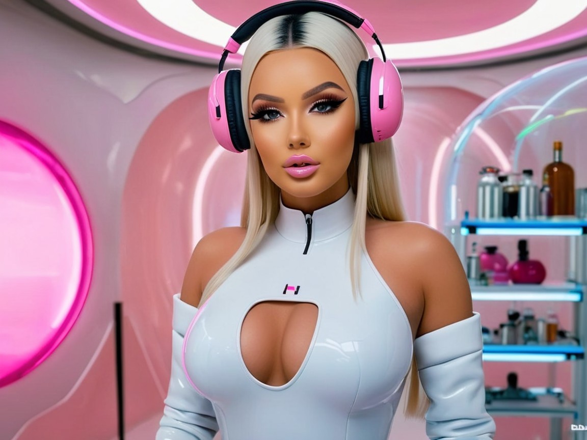 Stylish Woman in Modern Space with Pink Headphones