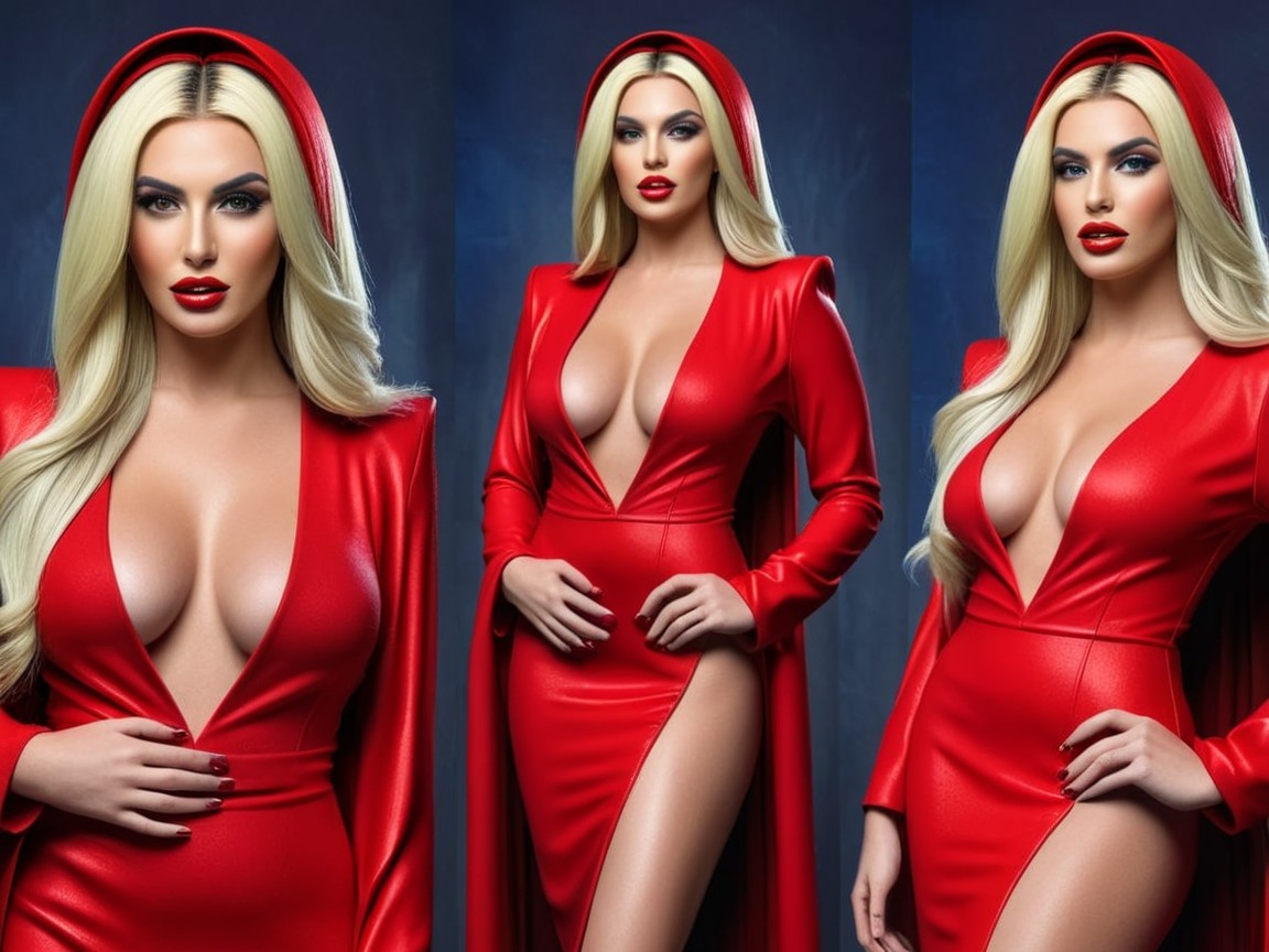 Striking Red Outfit with Plunging Neckline and Hood
