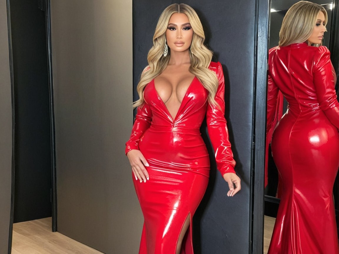 Confident figure in glossy red dress with high slit