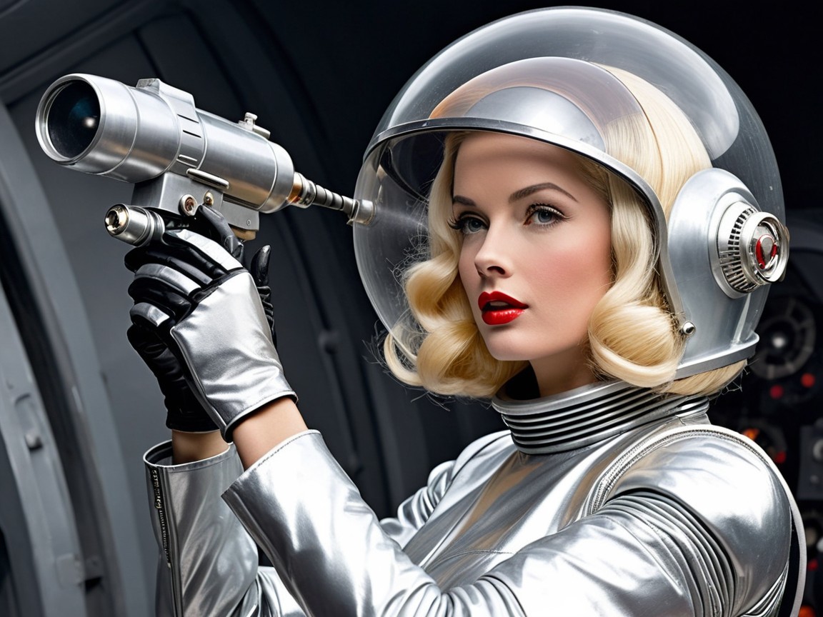 Futuristic Woman in Silver Space Suit with Ray Gun