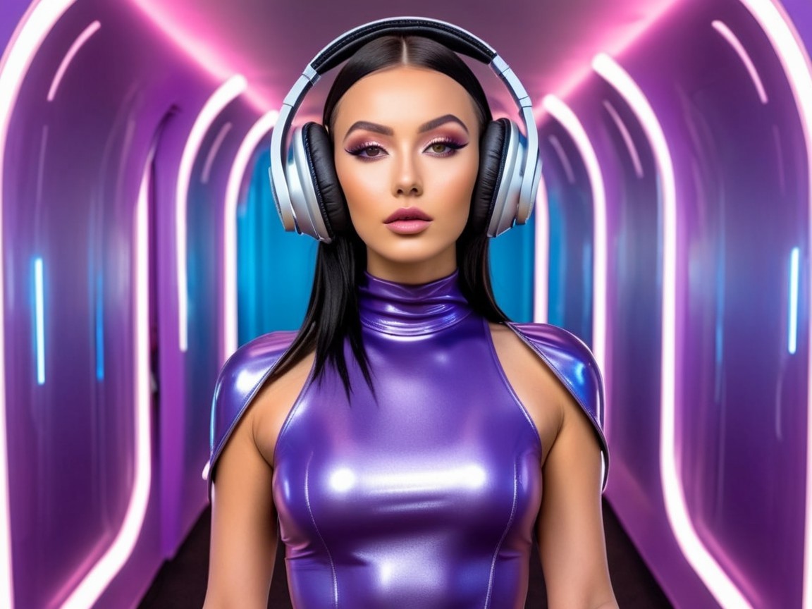 Stylish Model in Futuristic Hallway with Neon Lights