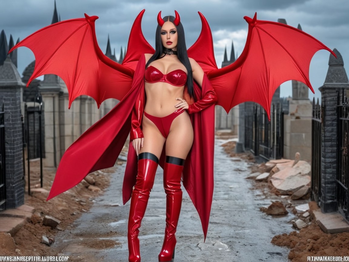 Red Costume with Bat Wings and Thigh-High Boots