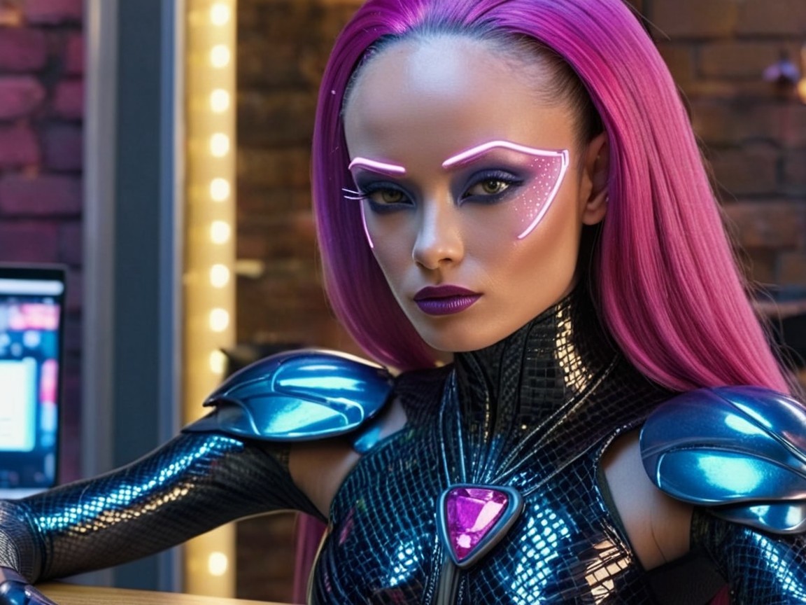 Futuristic character with pink hair and metallic bodysuit