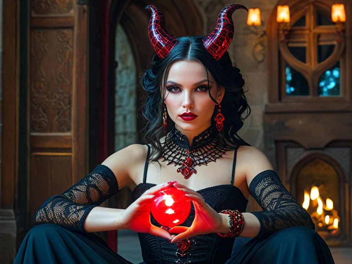 Gothic Figure with Horns in Enigmatic Candlelit Setting