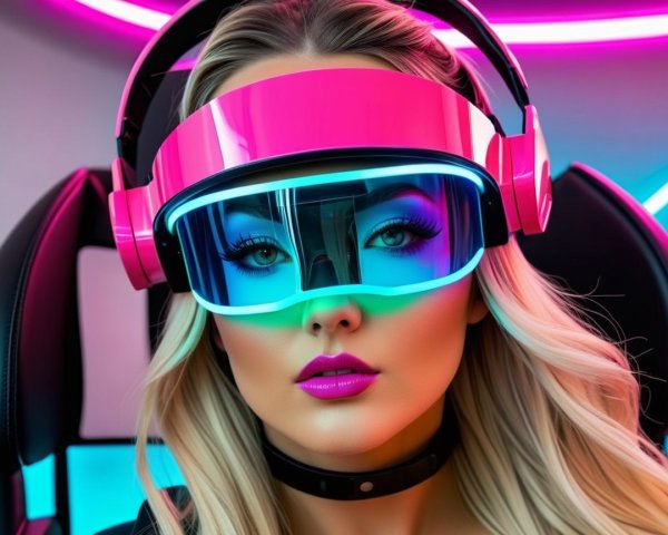 Young woman in VR goggles with neon lights backdrop