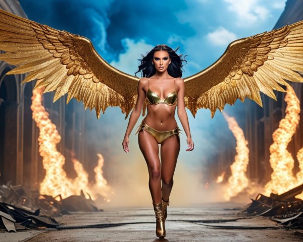 Golden-winged figure in a dramatic fiery setting