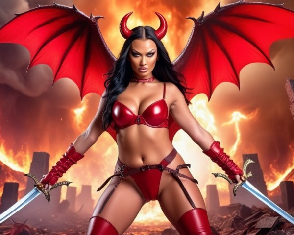 Fierce figure in fiery landscape with wings and swords