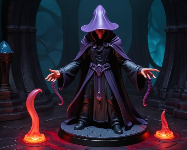 Mystical Figure in Purple Robe Surrounded by Flames