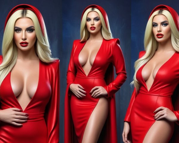 Striking Red Outfit with Plunging Neckline and Hood