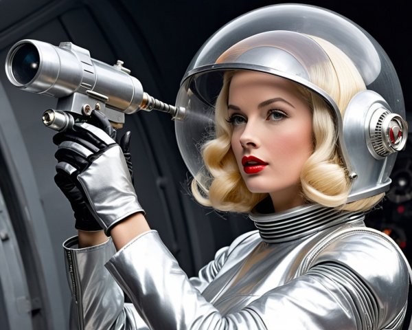 Futuristic Woman in Silver Space Suit with Ray Gun