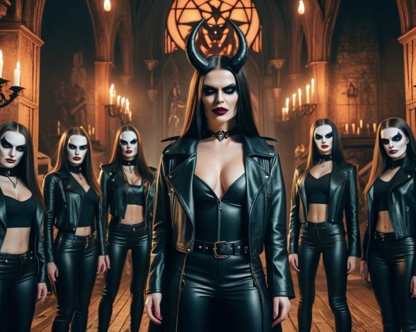 Gothic Scene with Women in Black Leather Outfits