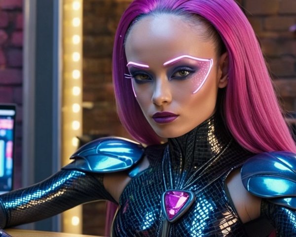 Futuristic character with pink hair and metallic bodysuit