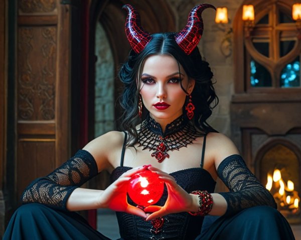 Gothic Figure with Horns in Enigmatic Candlelit Setting