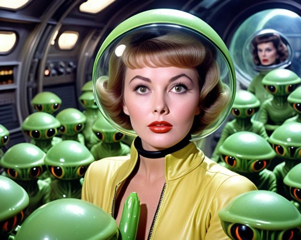 Futuristic Scene with Woman and Green Aliens