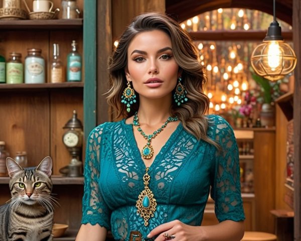 Woman in Teal Lace Top in Vintage Interior with Cat
