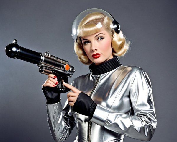 Glamorous Woman in Retro-Futuristic Silver Jumpsuit