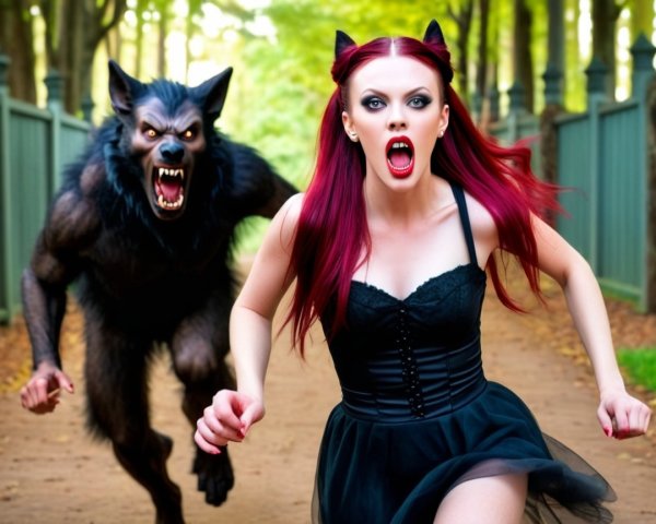 Woman in Black Dress Chased by Werewolf in Woods