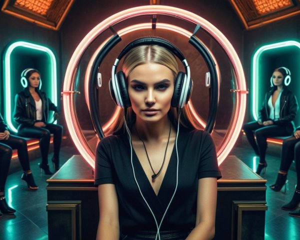 Futuristic Scene with Young Woman and Identical Figures
