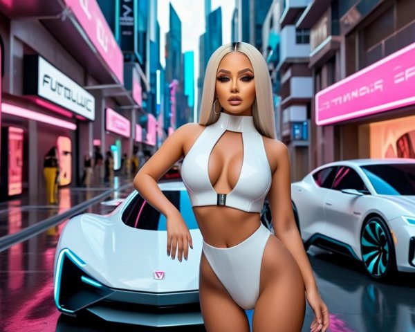 Futuristic Cityscape Featuring Stylish Woman and Cars