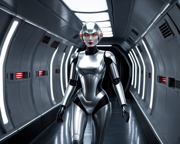 Humanoid Robot in Futuristic Corridor with Red Eyes