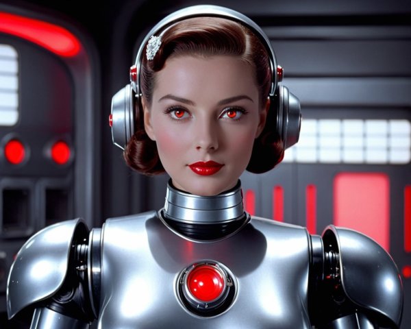 Futuristic Female Robot with Metallic Body and Red Accents