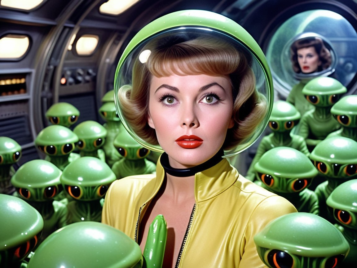 Futuristic Scene with Woman and Green Aliens