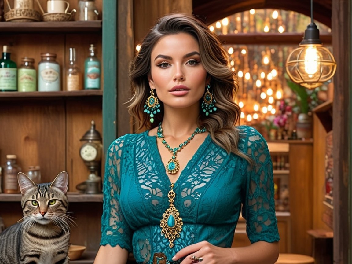 Woman in Teal Lace Top in Vintage Interior with Cat