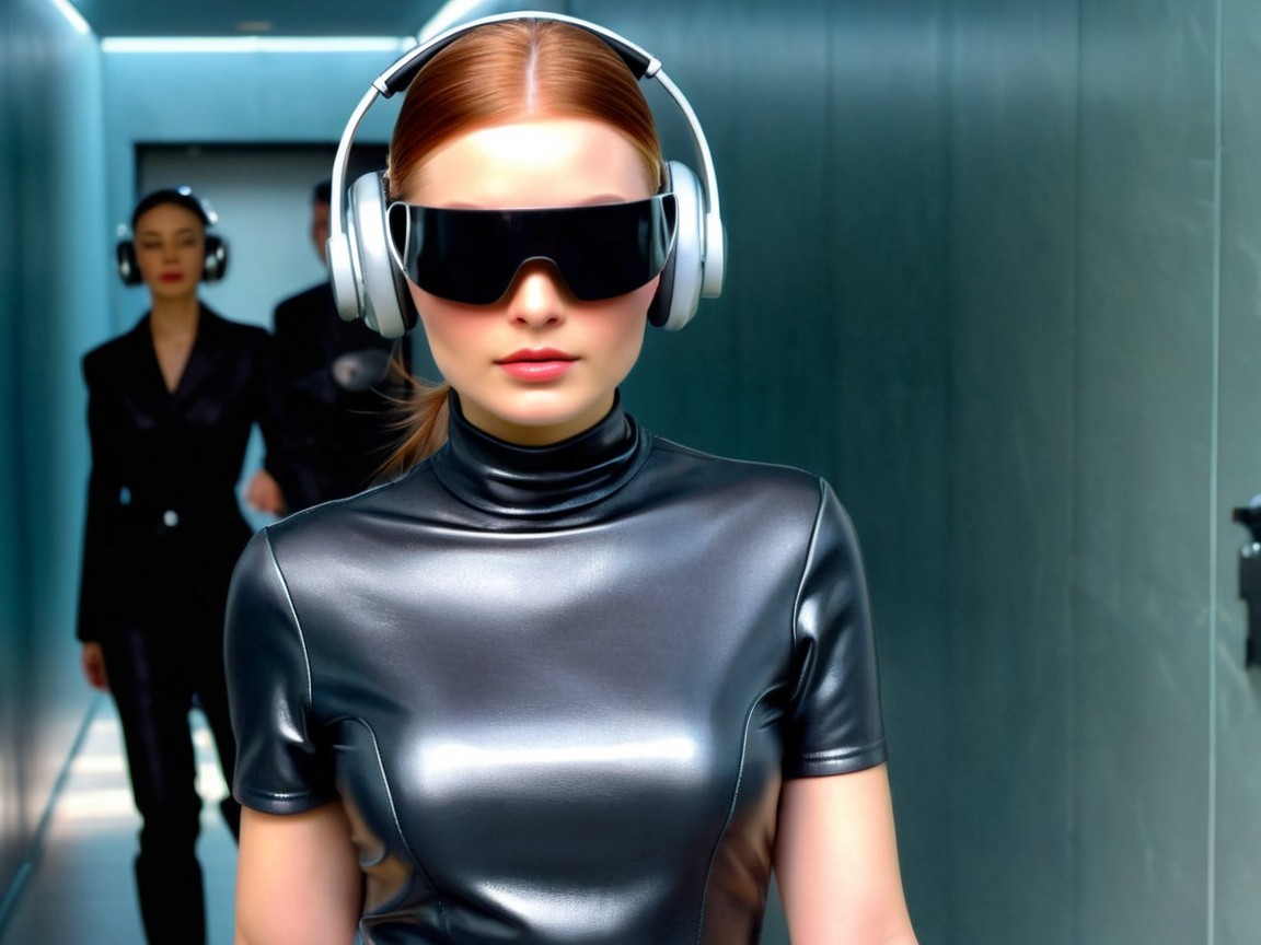 Fashion-Forward Figures in a Modern Hallway Setting