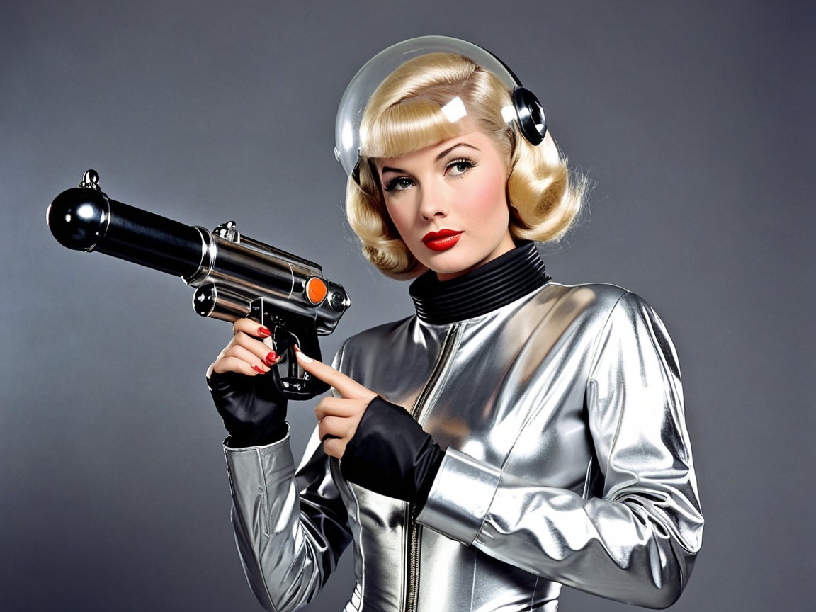 Glamorous Woman in Retro-Futuristic Silver Jumpsuit