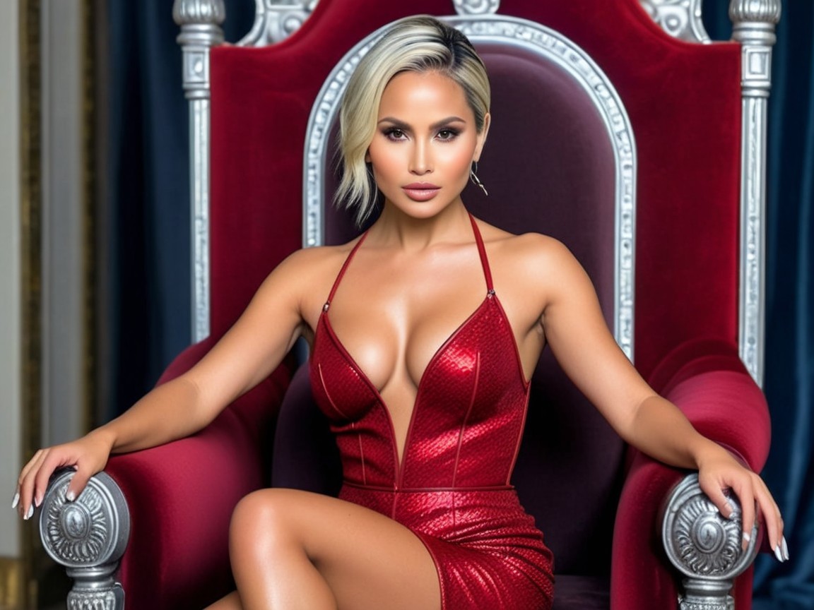 Elegant Woman in Red Dress on Regal Throne