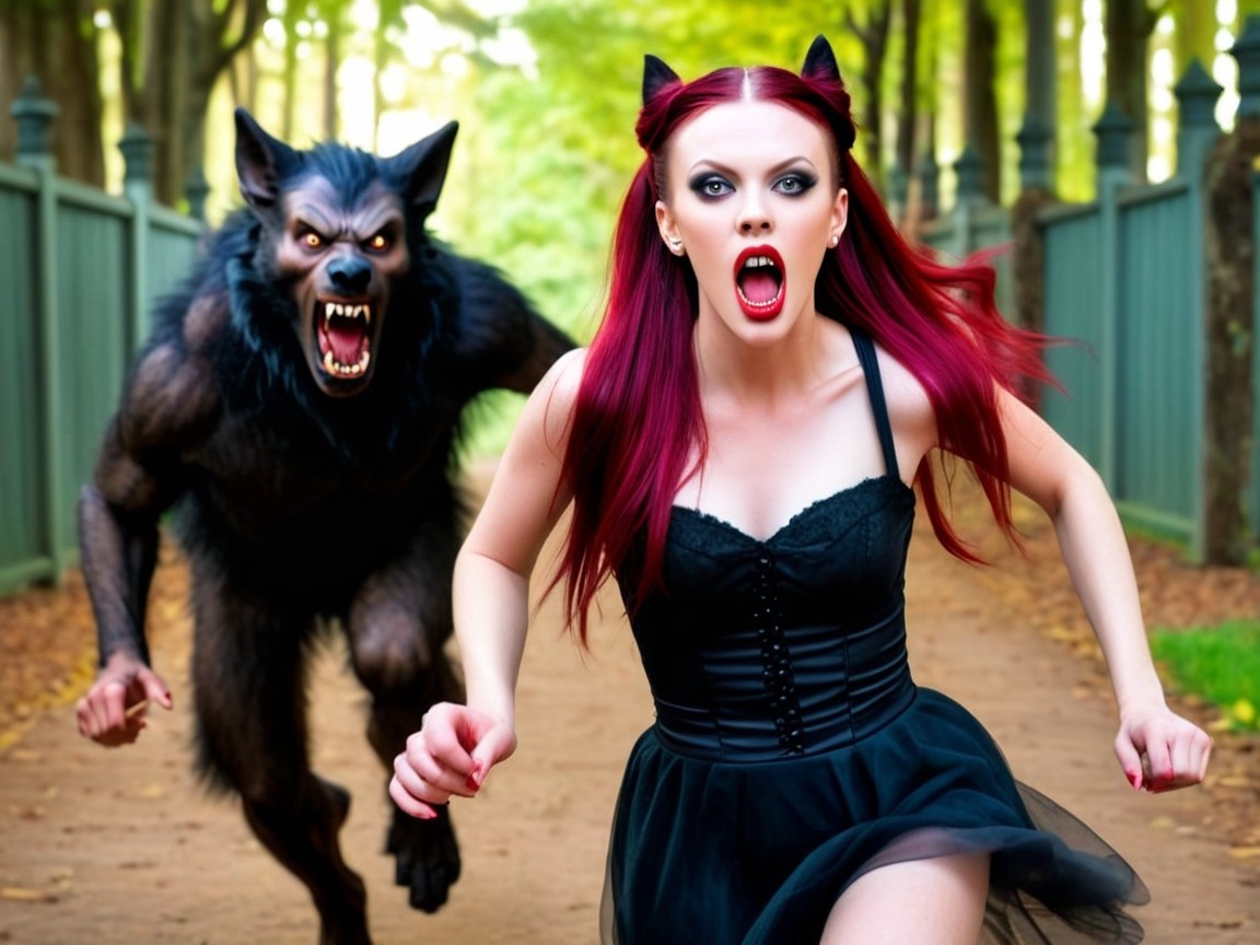 Woman in Black Dress Chased by Werewolf in Woods