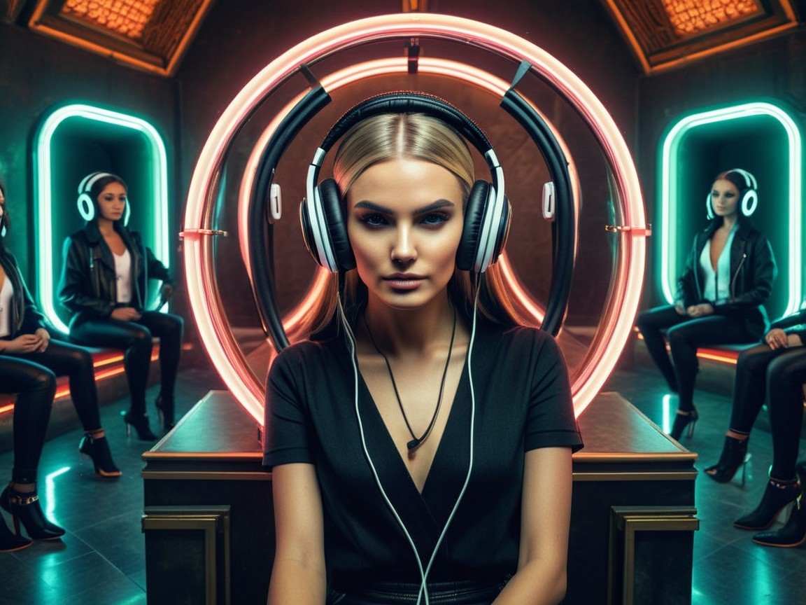 Futuristic Scene with Young Woman and Identical Figures