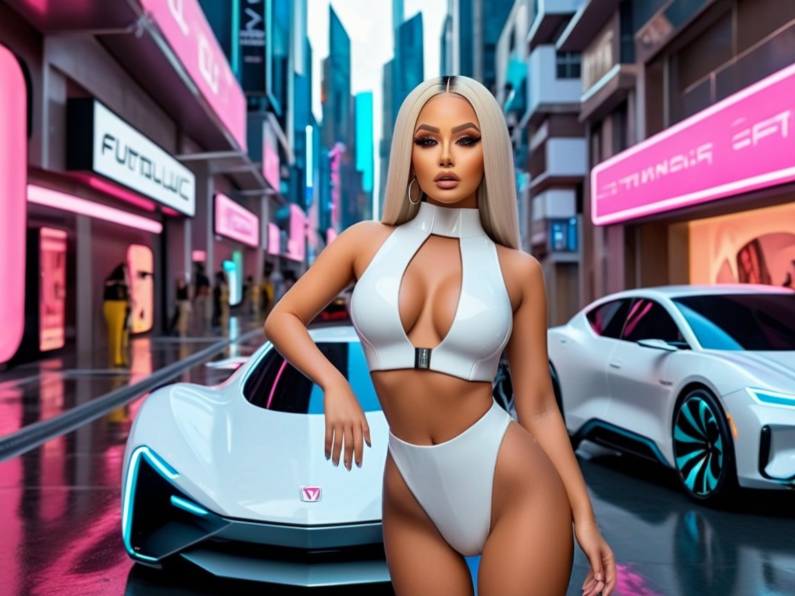 Futuristic Cityscape Featuring Stylish Woman and Cars