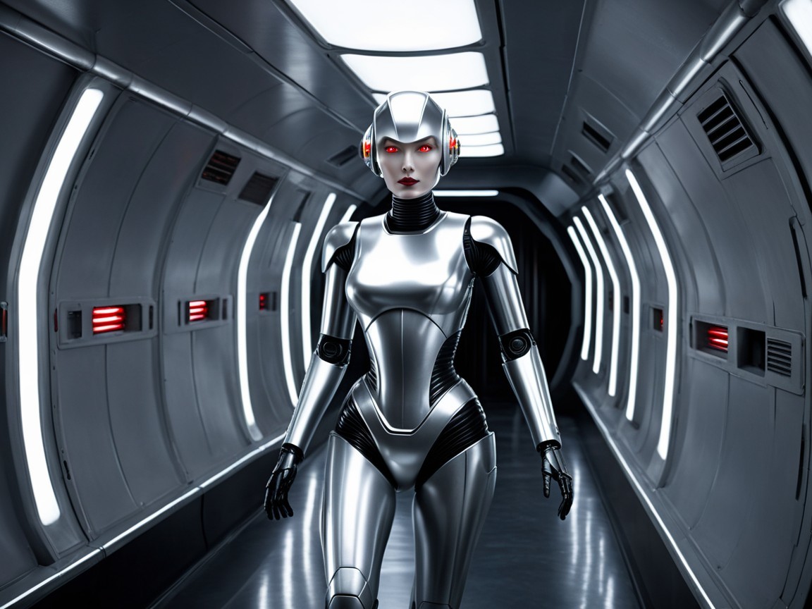 Humanoid Robot in Futuristic Corridor with Red Eyes