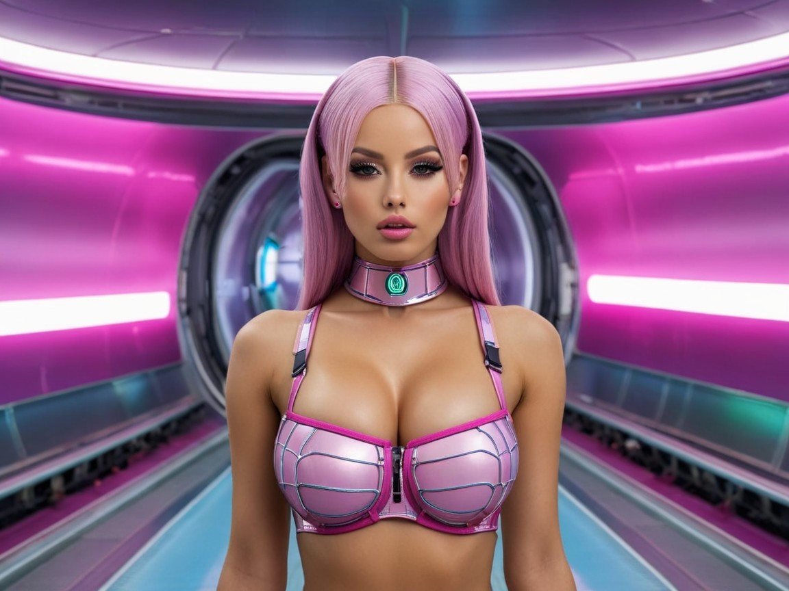 Futuristic woman in metallic pink attire in sci-fi setting