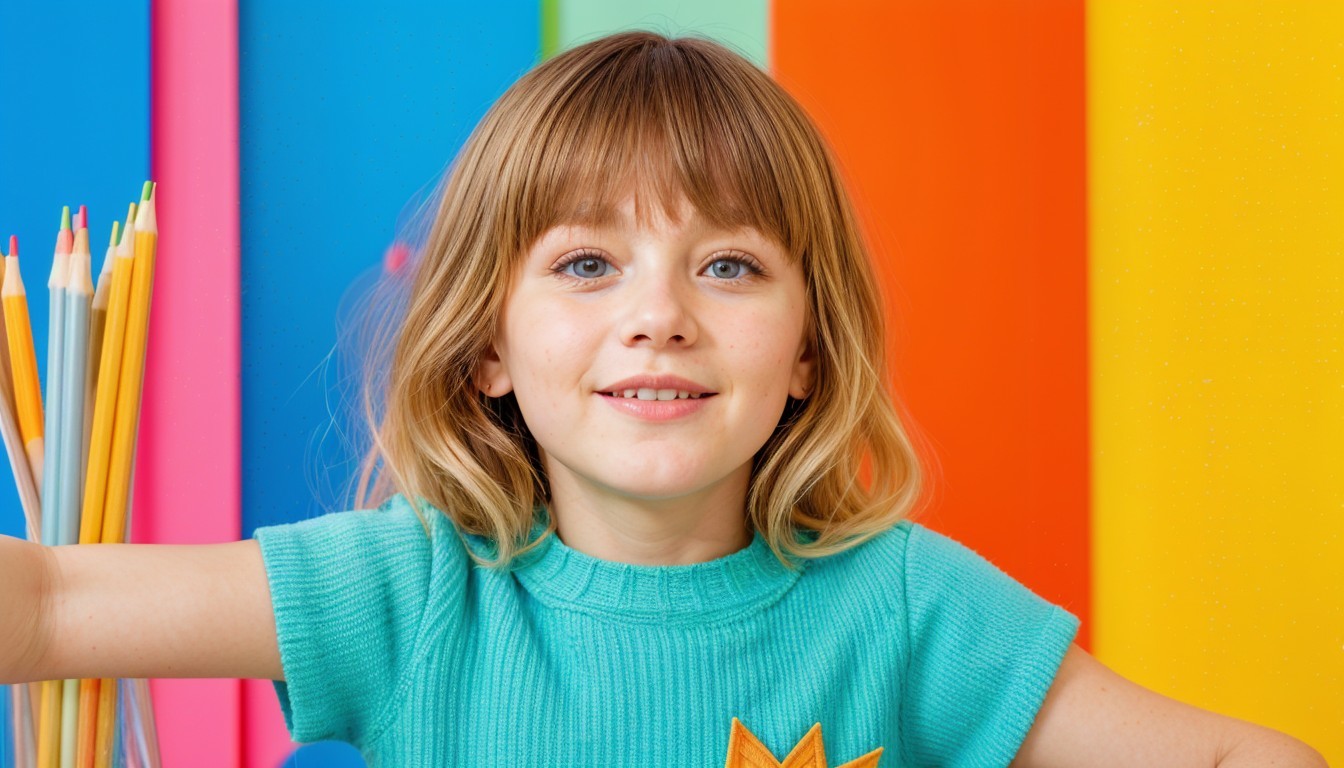Young Girl in Teal Sweater Against Colorful Background