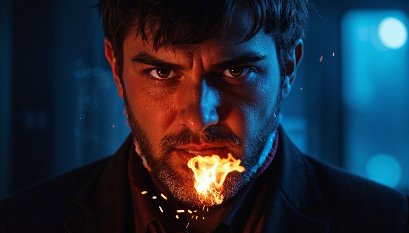 Fierce Man Exhaling Flame Against Dark Background