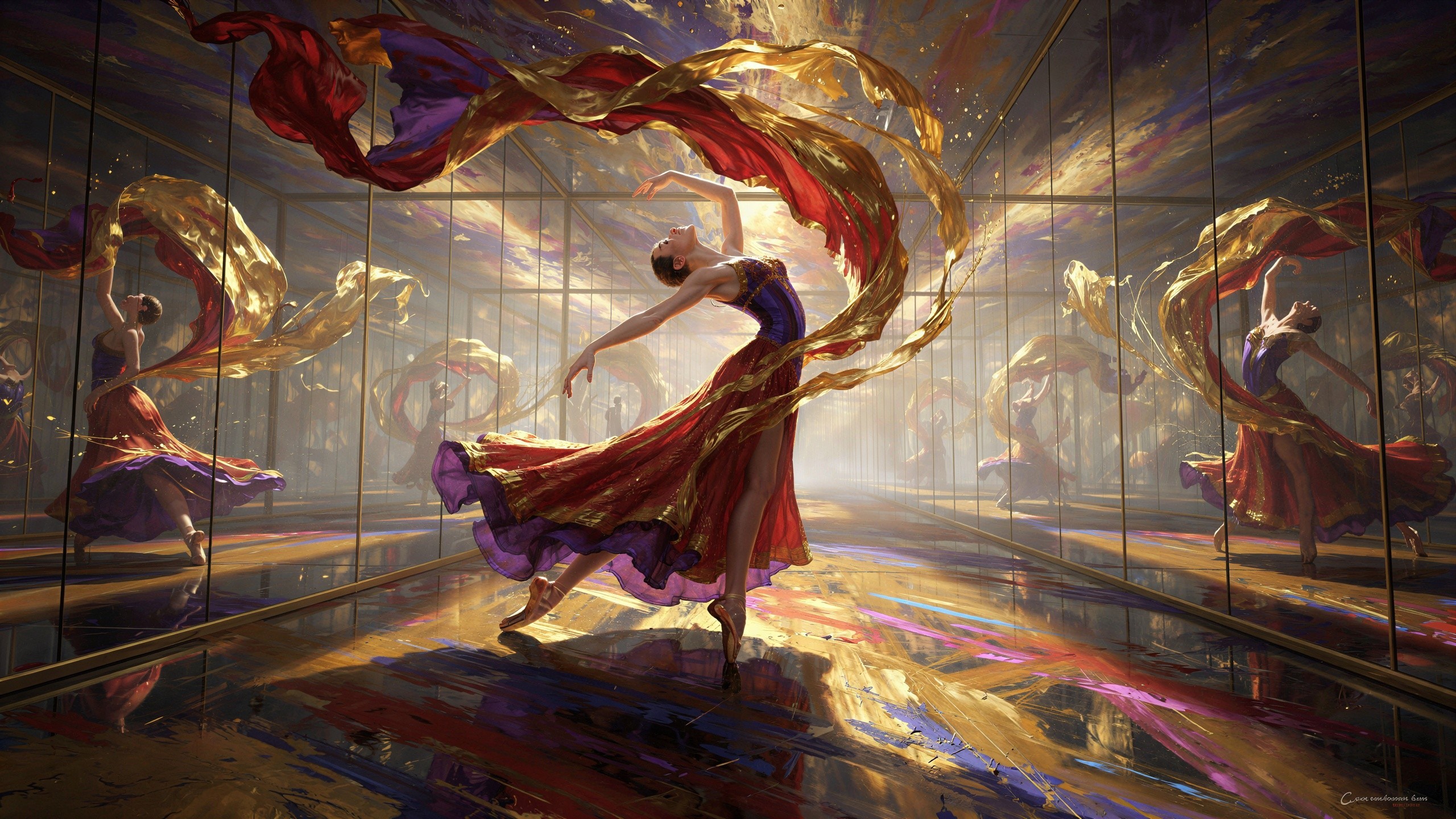 Ballerina in Mirror Room with Vibrant Colors