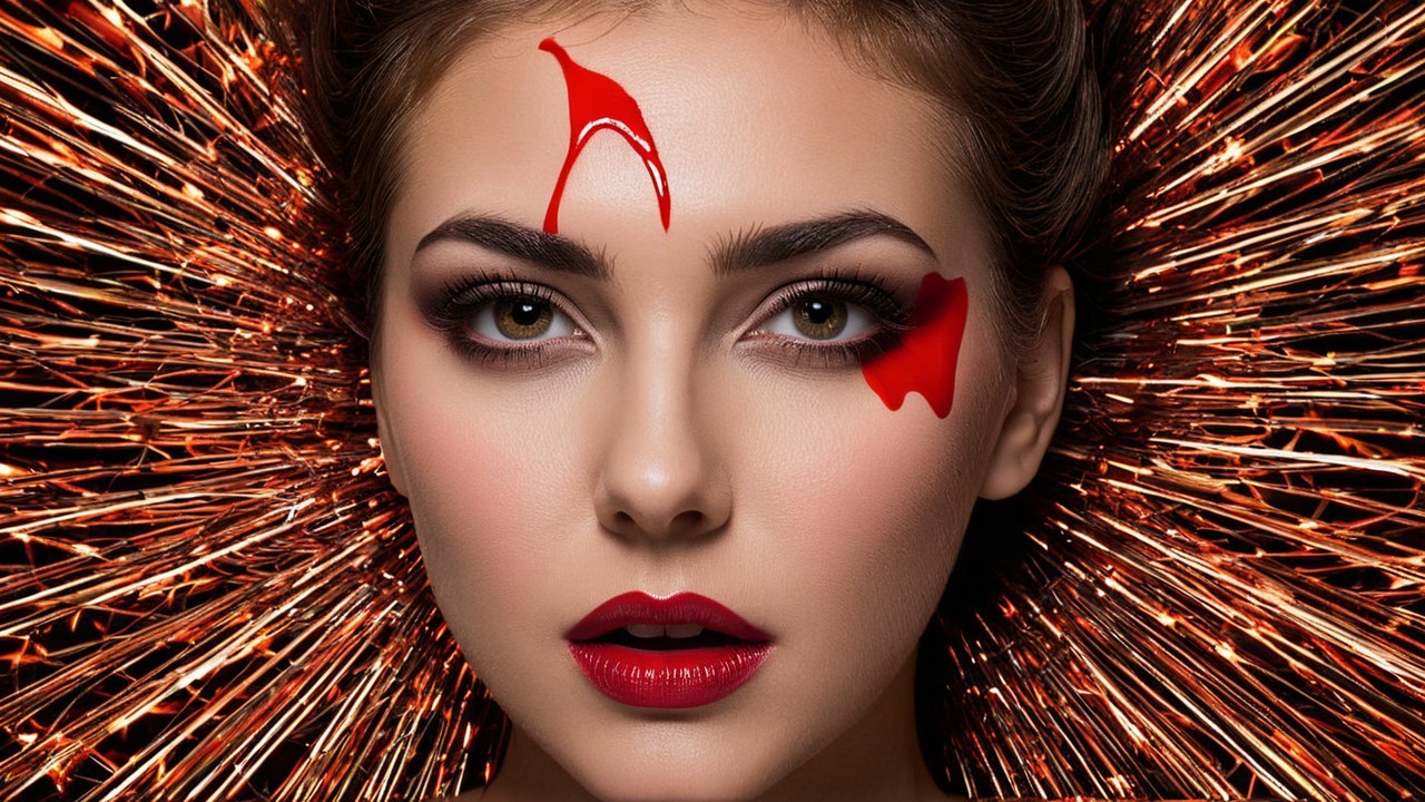 Close-up of a woman's face with bold makeup details