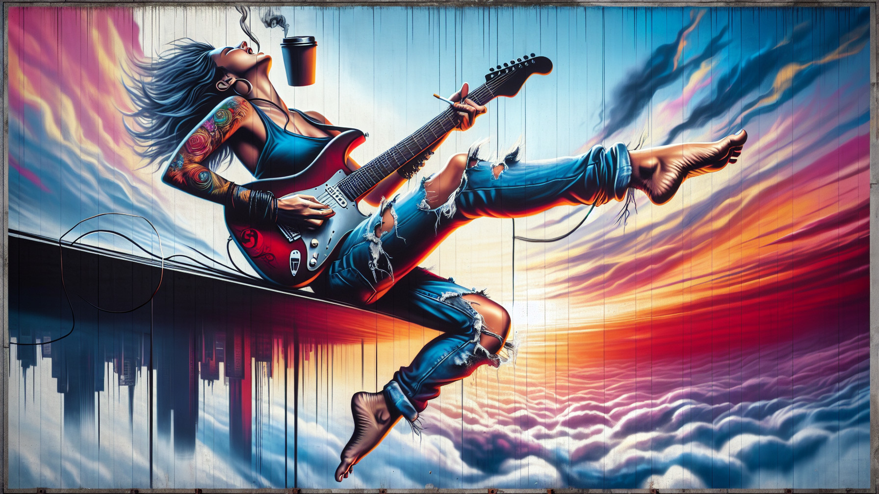 Vibrant Mural of Woman Playing Guitar at Sunset