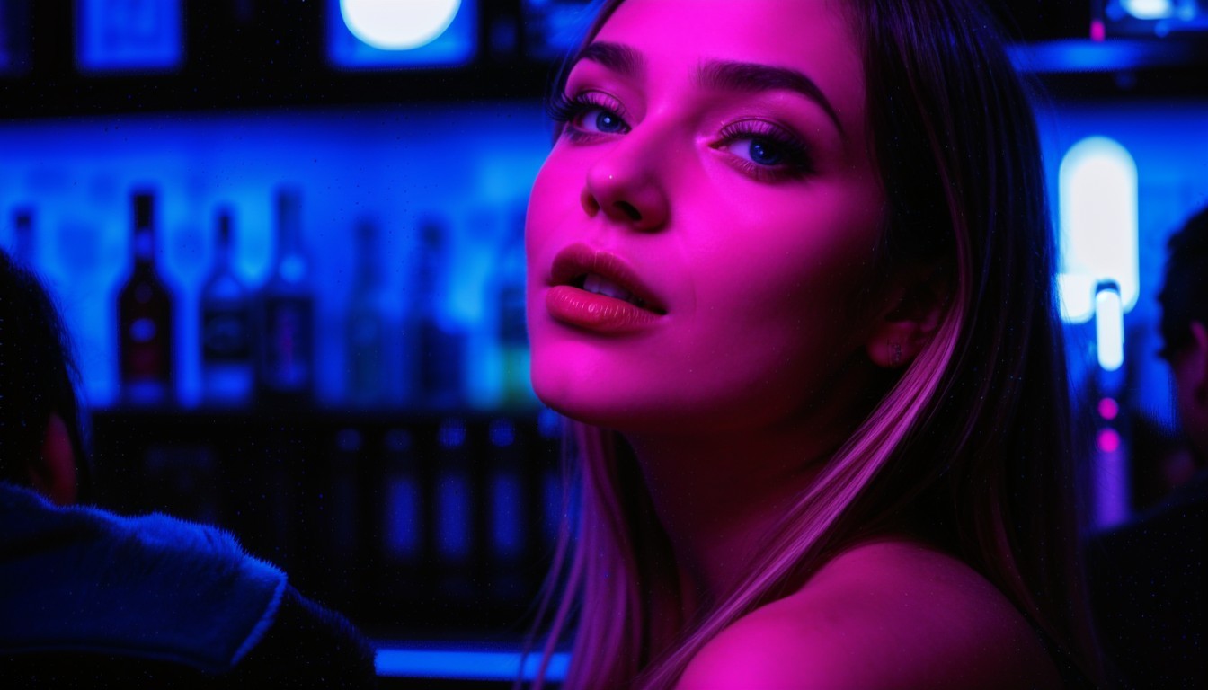 Close-Up Portrait of a Woman in Neon Bar Scene