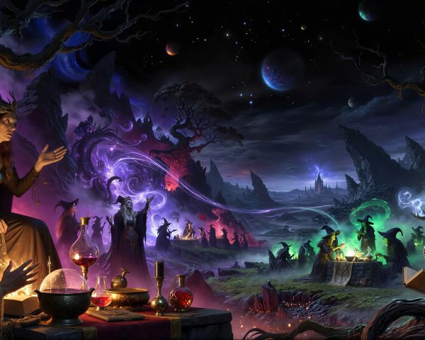 Digital Painting of Witches in Mystical Landscape