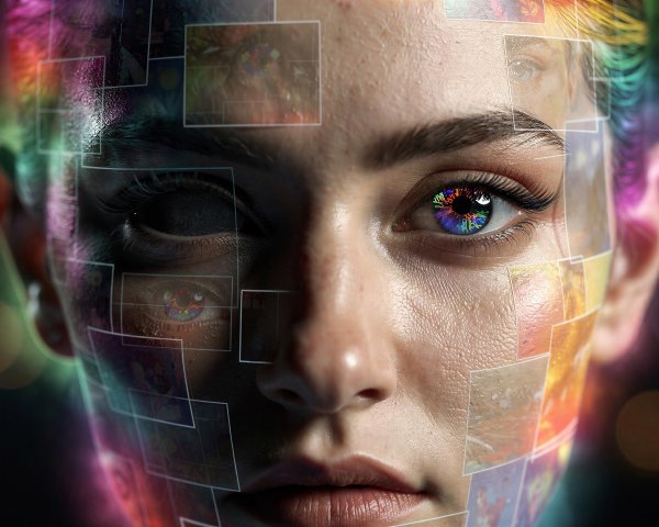 Digital art of a female face with mosaic features