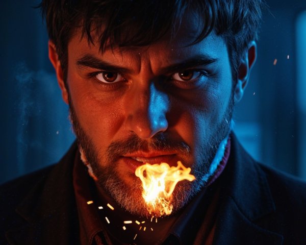Fierce Man Exhaling Flame Against Dark Background