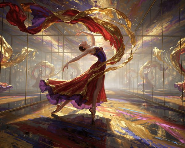 Ballerina in Mirror Room with Vibrant Colors