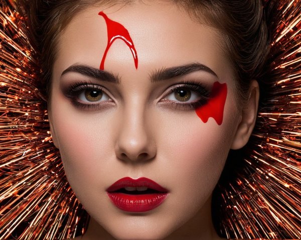 Close-up of a woman's face with bold makeup details