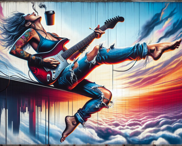 Vibrant Mural of Woman Playing Guitar at Sunset